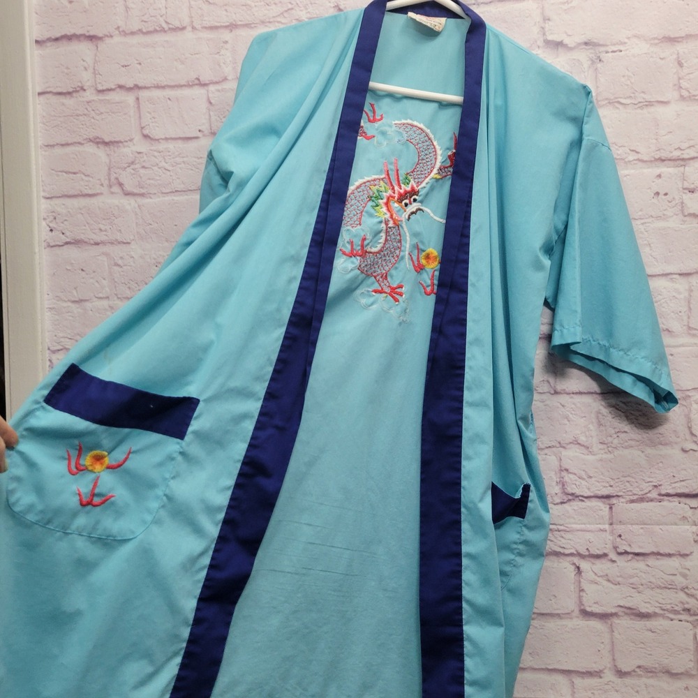 VTG Plum Blossom Kimono Robe M Embroidered Dragon Boho Festival Oriental *FLAW - Picture 3 of 9